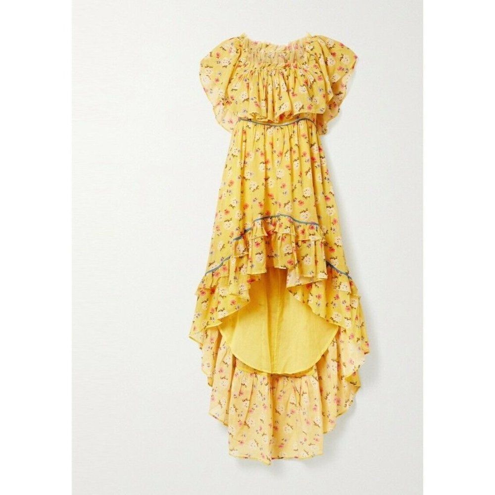 Love Shack Fancy Maxi Dress Womens 00 Yellow Alexia Ruffle Tiered Hi-Lo Floral